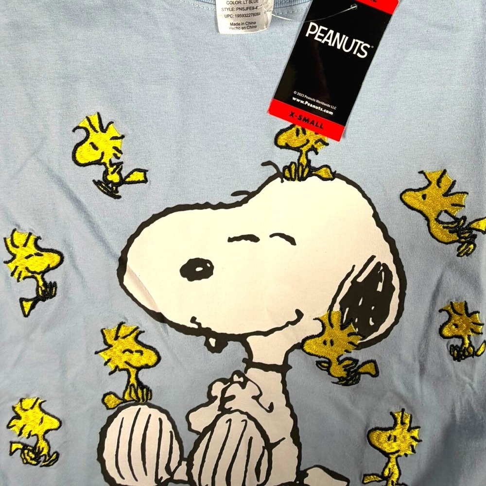 Peanuts Graphic T-Shirt Women XS Light Blue Snoopy Woodstock Embroidered NWT